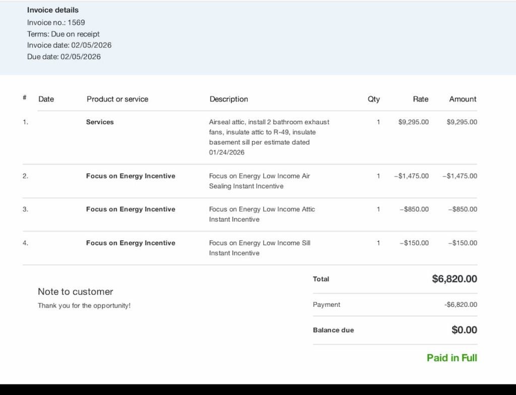 Home Energy Solutions invoice showing Focus on Energy instant incentives totaling $2,475 deducted from a Wisconsin home performance project