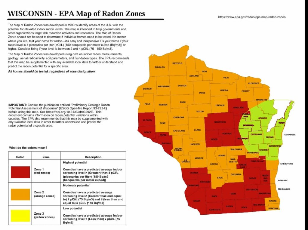 Wisconsin EPA radon zone map showing northeast Wisconsin service area of Home Energy Solutions in high and moderate radon potential zones